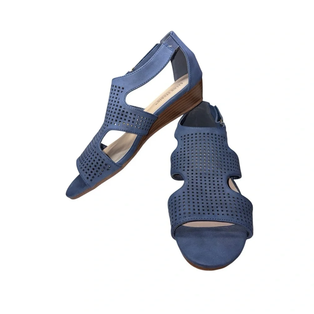 Salon Studio Navy Blue Perforated Upper Open Toe Wedge Sandals Women’s Size 8W - Picture 1 of 11